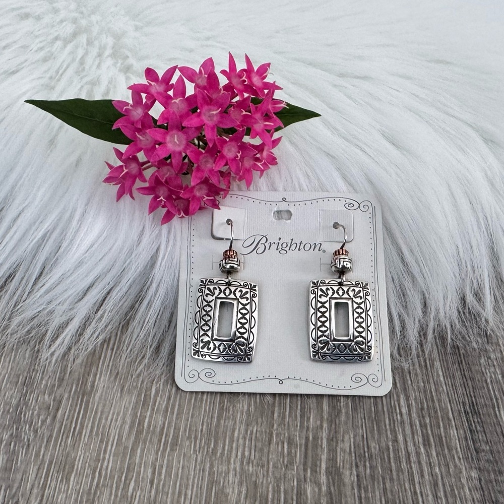 🩷BRIGHTON Retired Open Rectangle Silver & Copper Two-Tone Beaded Earrings